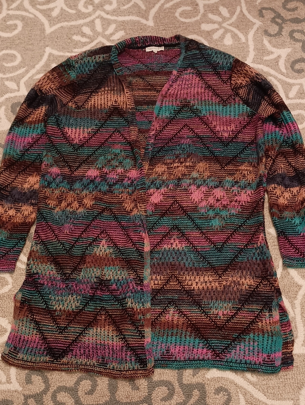 Margaux Multicolor Chevron Open-Front Cardigan in Teal, Pink & Brown